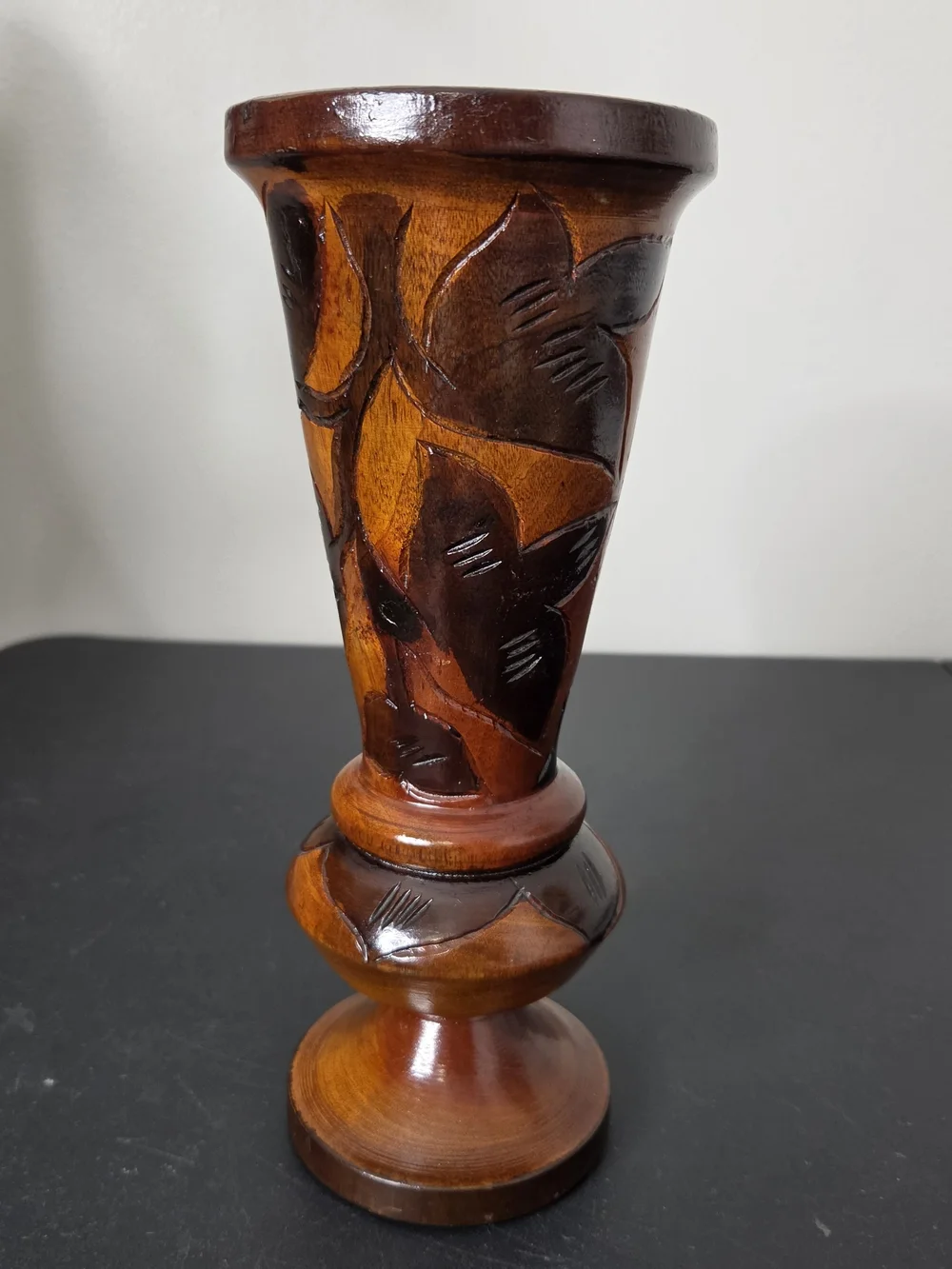 Hand-Carved Wooden Pedestal Vase - Fruit? With Leaves 11